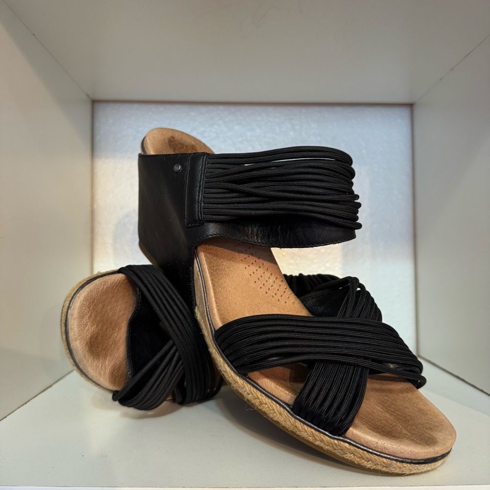 UGG Black Leather Cork Wedge Sandals Minimalist Boho Summer Coastal Resort